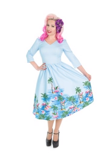 50r Kjole Swingkjole Miss Mille Smuk Kjole Lyseblå Med Flamingo - Kjole