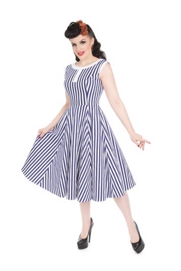 Hvid 50r Kjole Swingkjole Miss Hepburn Smuk Kjole Blå E Striper - Kjole