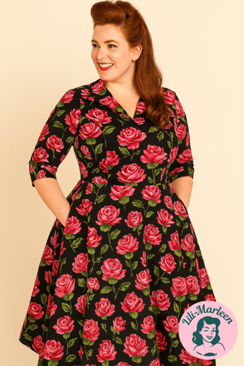 Sort 50r Kjole Swingkjole Miss Rose Smuk Kjole Med Roser - Kjole