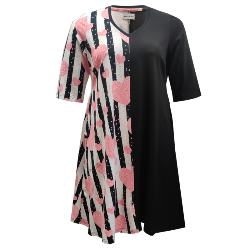 Sort Plus Size Kjole Tulla Hearts Stripes - Amamiko Kjole