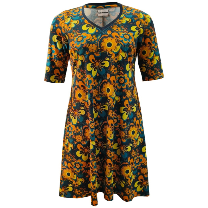 Blå Plus Size Kjole Tulla Retro Flower Teal - Amamiko Kjole
