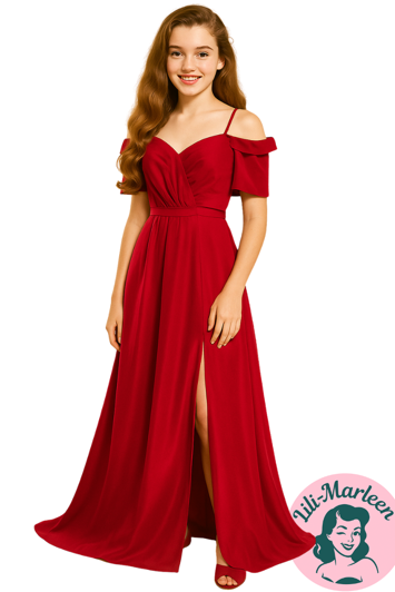 Festkjole Miss Red Diva Rød Chiffon Lang Galla Kjole Med Slids - Kjole